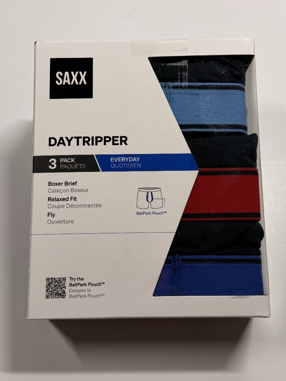 NWT - Saxx Daytripper Boxer Brief - Medium - 3 Pack - Black with Varied Bands